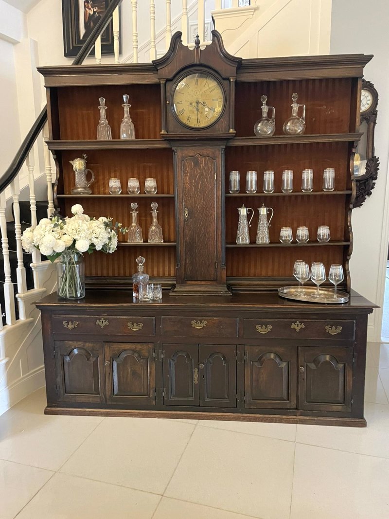 Rare 18th Century Large Antique George III Quality Oak Dresser with Rack and Longcase Clock - Image 2